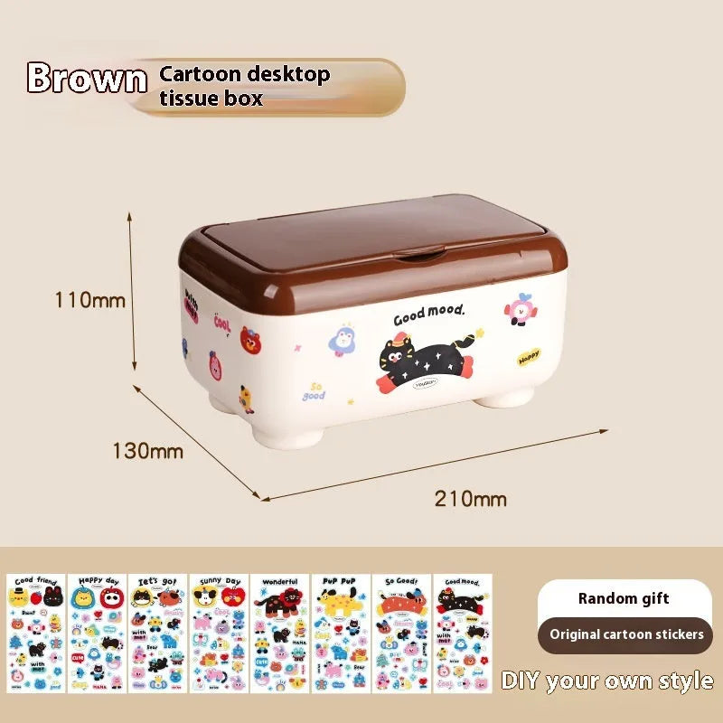 Cartoon design plastic desktop organiser with storage box, pen container, tissue box and coin bank accessories in red and brown colours