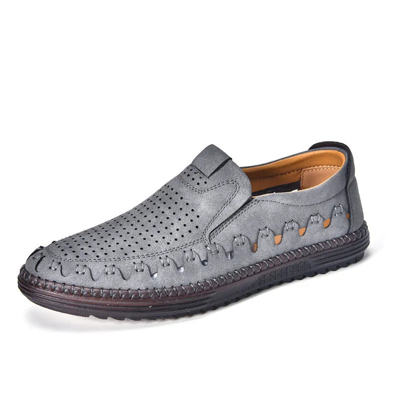 Men's brown slip-on casual shoes with round toe and low-top design