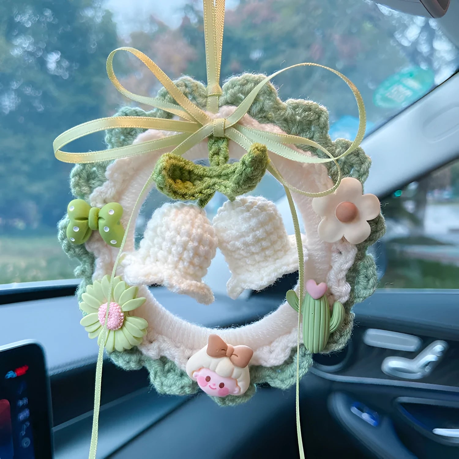 Woven wool bell orchid car pendant in green, pink, purple, or yellow with optional dream catcher.