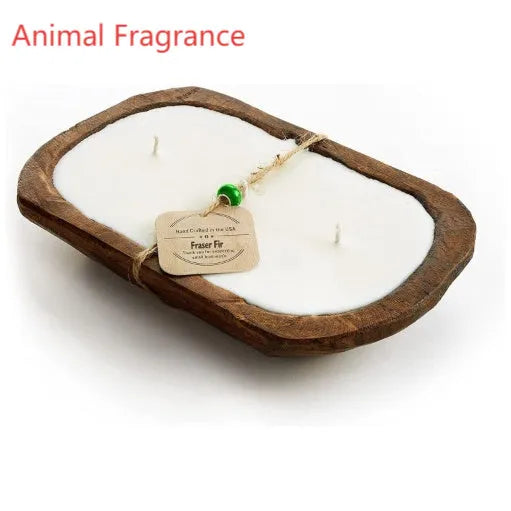 Retro wooden basin container with a triple-wick soy aromatherapy candle in lavender scent
