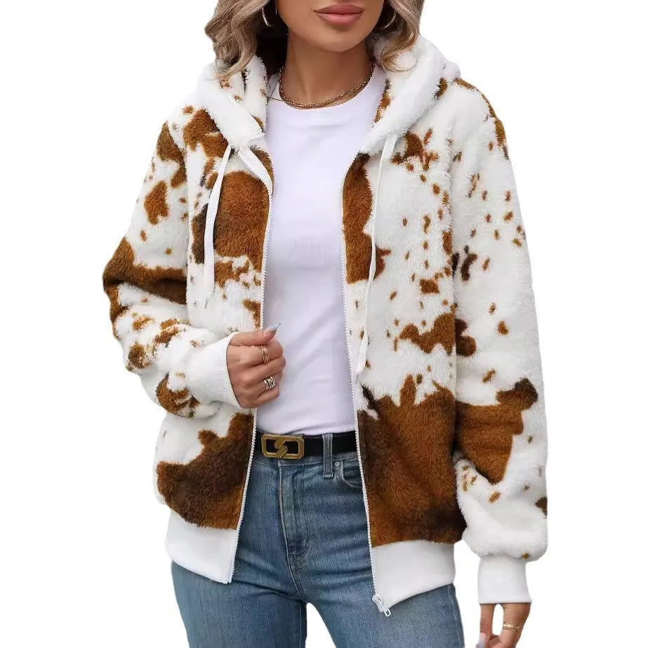 Yellow-brown hooded cardigan jacket with animal cow print pattern and zip-front closure