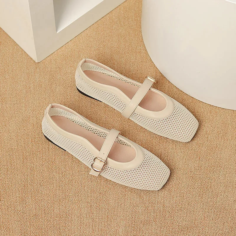 Women's beige mesh hollow out pumps with a square toe and buckle fastening on a flat beef tendon sole.