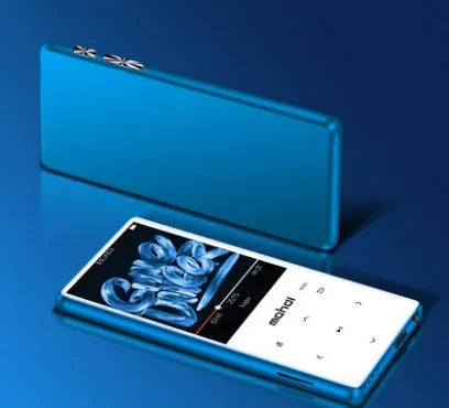 Silver portable MP3 MP4 music player with 2.4-inch touch screen showing music interface.