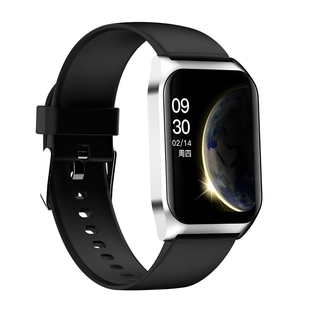 Black or silver smartwatch with 1.69-inch screen and silicone strap for Bluetooth calls and music.