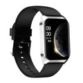 Black or silver smartwatch with 1.69-inch screen and silicone strap for Bluetooth calls and music.