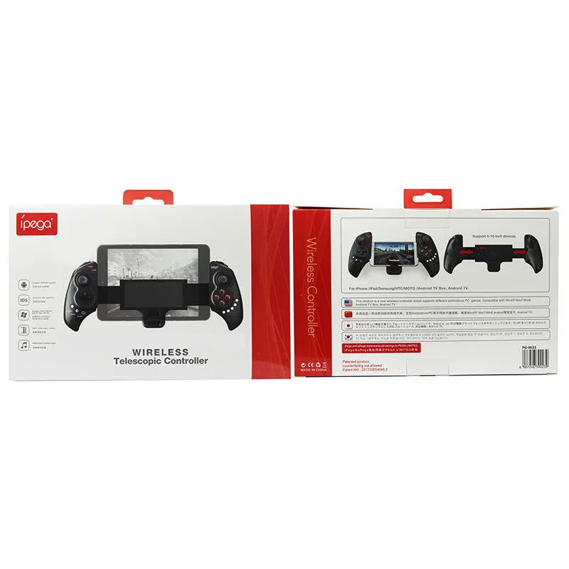 PG-9023 wireless telescopic game controller extended with smartphone showing dimensions