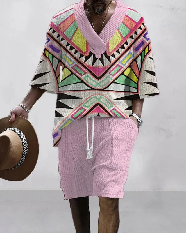 Men's loose casual short sleeve top and shorts suit separates set in polyester fabric