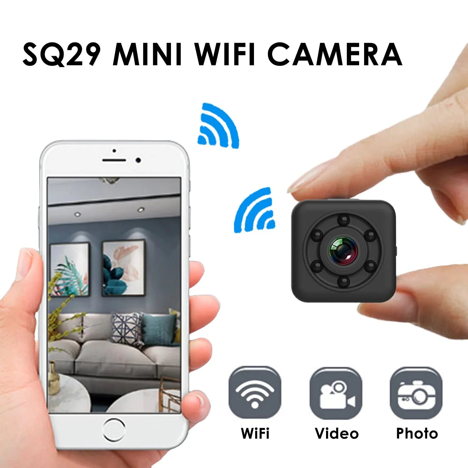 Black SQ29 waterproof sports camera showing its compact design and lens.