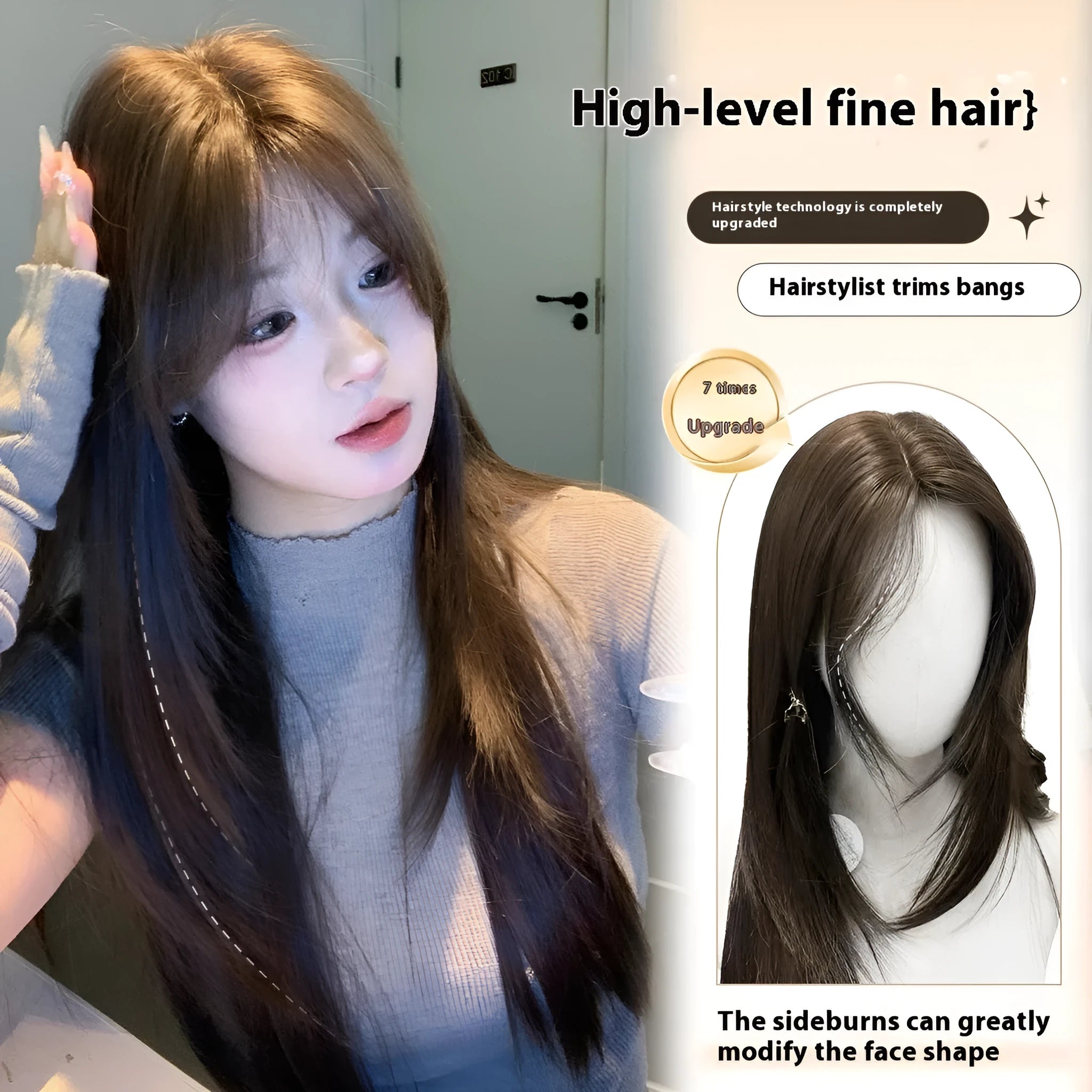 Full-head layered long straight hair wig in cold brown colour with natural styling