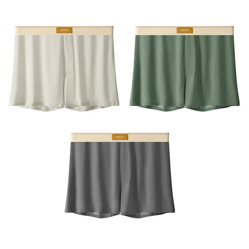 Men's ice silk underwear three-pack showing loose fit and solid colour options