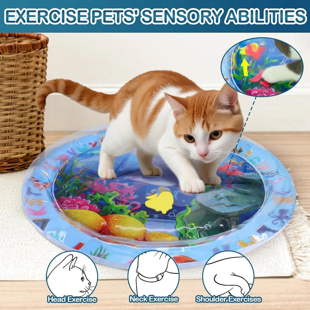 Square cat water playmat with ocean fish design and floating toys on blue PVC surface