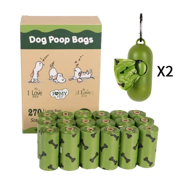 Roll of army green degradable dog waste bags with black bone print, showing bag size and dispenser.