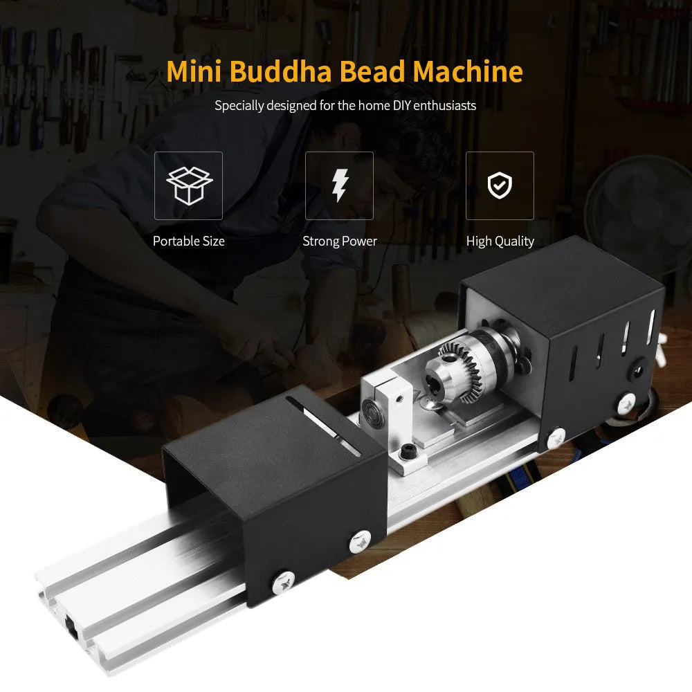 Silver metal mini woodworking lathe with 140mm capacity and included carving knives and wrenches on white background
