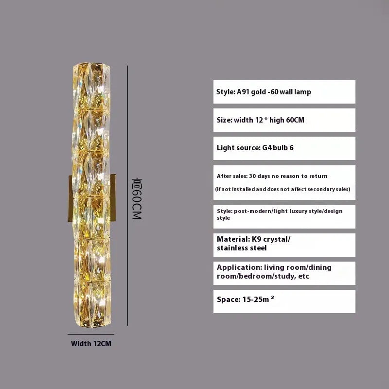 Crystal wall lamp with stainless steel frame in chrome or gold finish