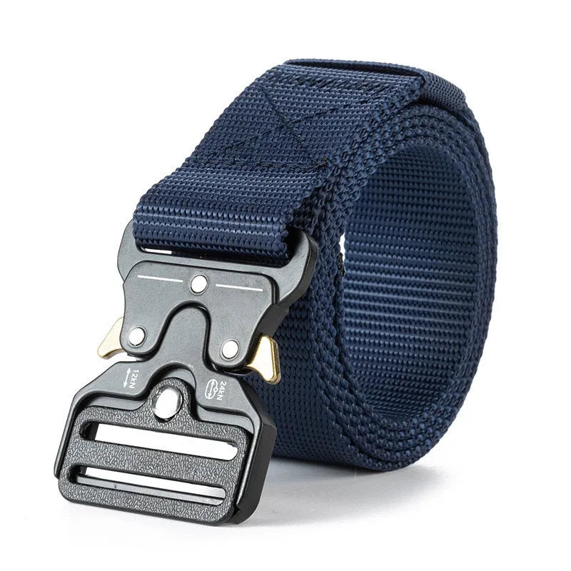 Men's thick canvas tactical belt with alloy release buckle, shown in multiple colour options including Army Green and black.