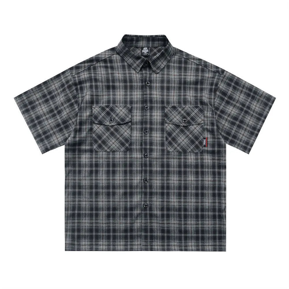 Men's black plaid shirt with embroidered letter design on chest, short sleeves, and lapel collar