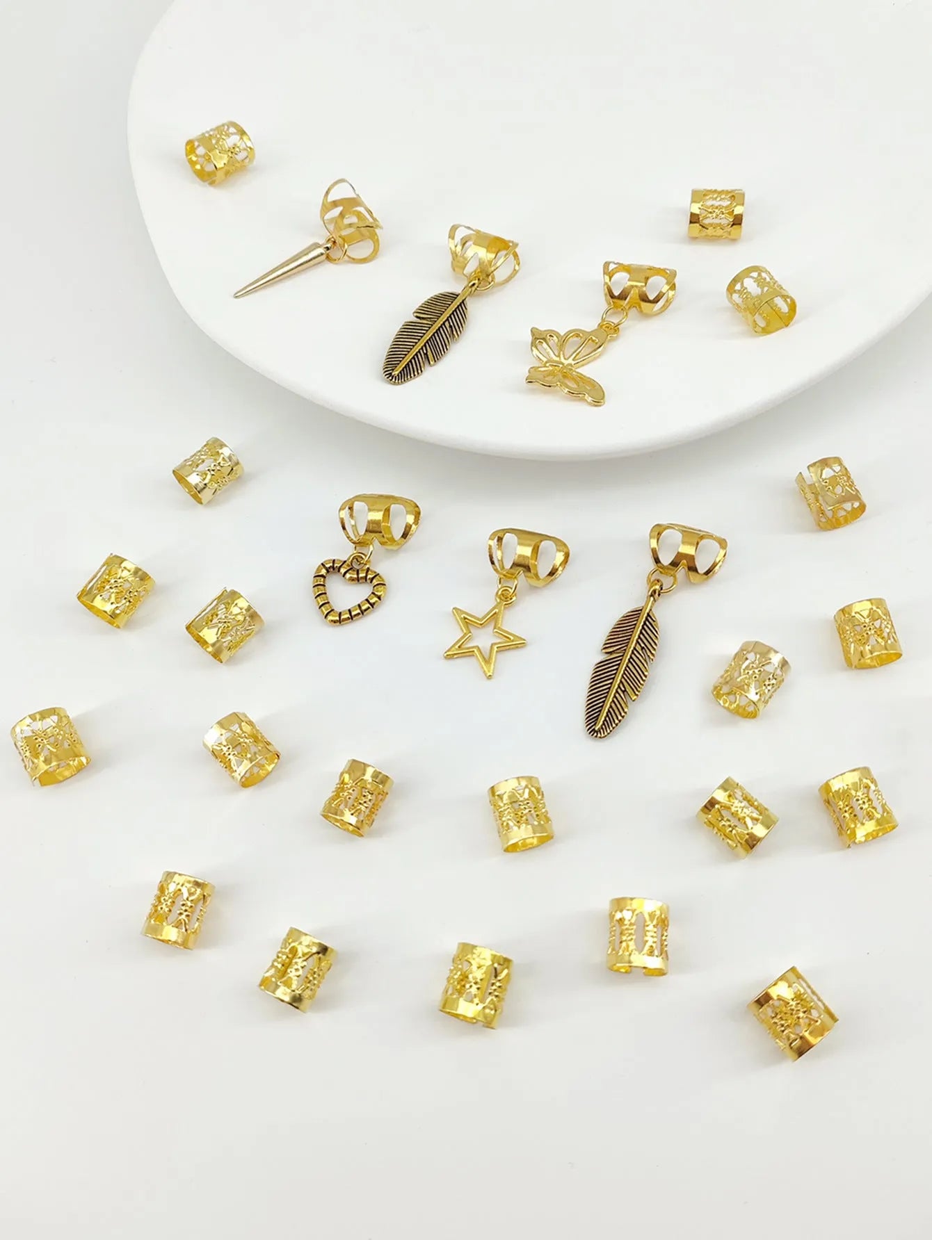 Gold and silver antique style leaves design hair rings for braids, pack of 26 pieces