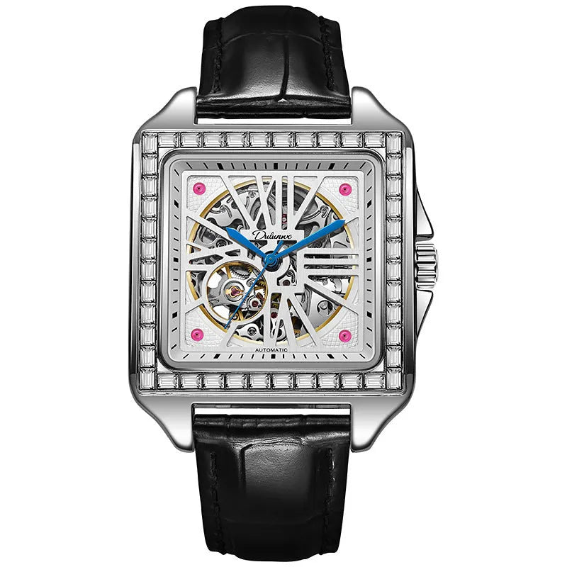 Square silver men's automatic watch with diamond-studded bezel on a black leather strap.