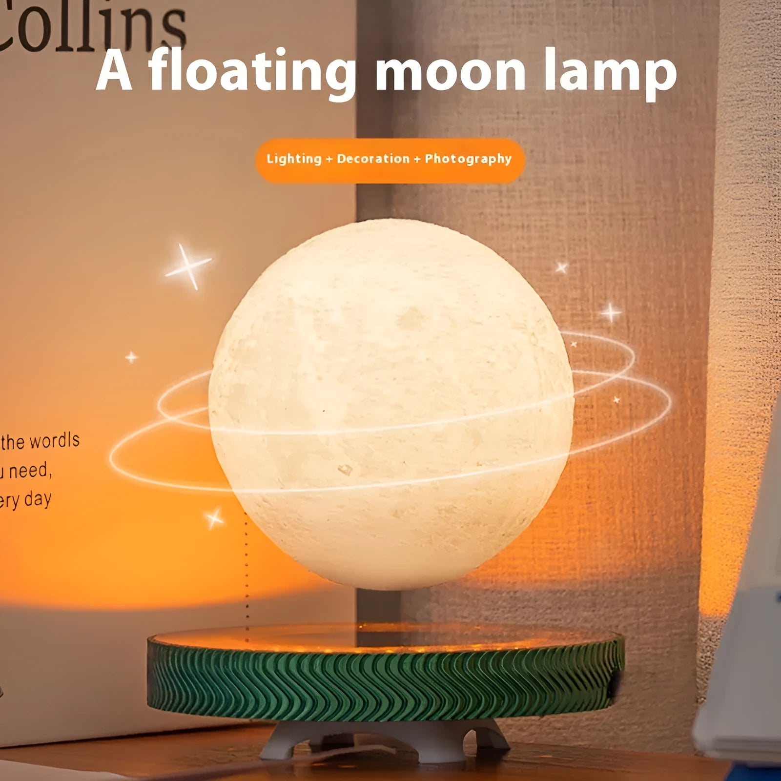 Magnetic suspension night lamp with floating 3D printed ornament in modern minimalist design