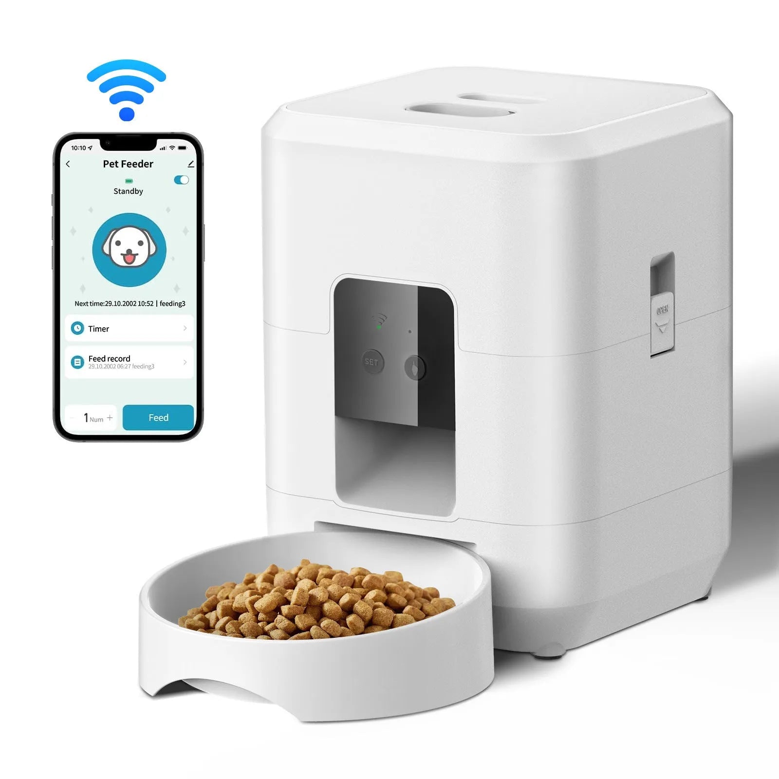 Automatic cat feeder with digital display and food storage compartment in white finish