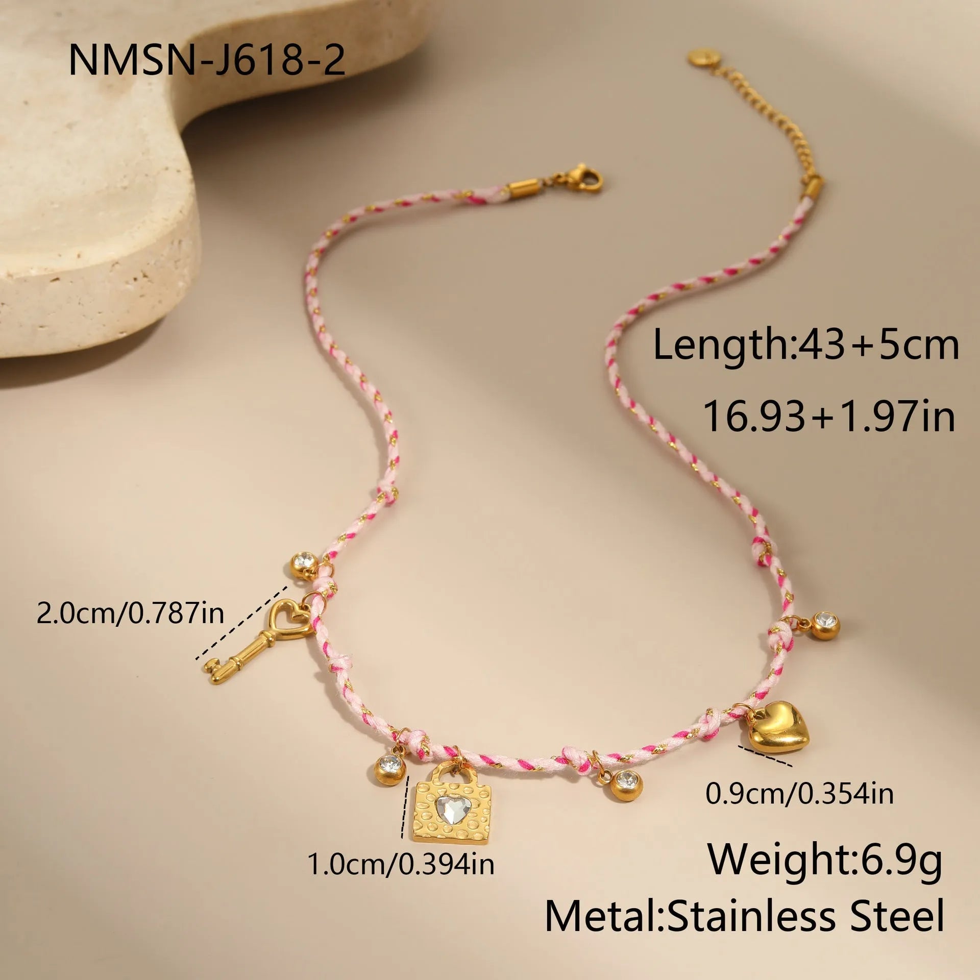 Handmade braided rope necklace and bracelet set with heart pendant in stainless steel
