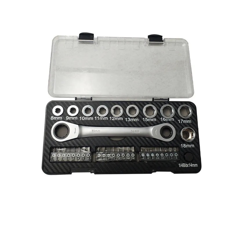 Dual-purpose ratchet wrench set with two-way mechanism, 10 sockets and 3 bit heads arranged on work surface