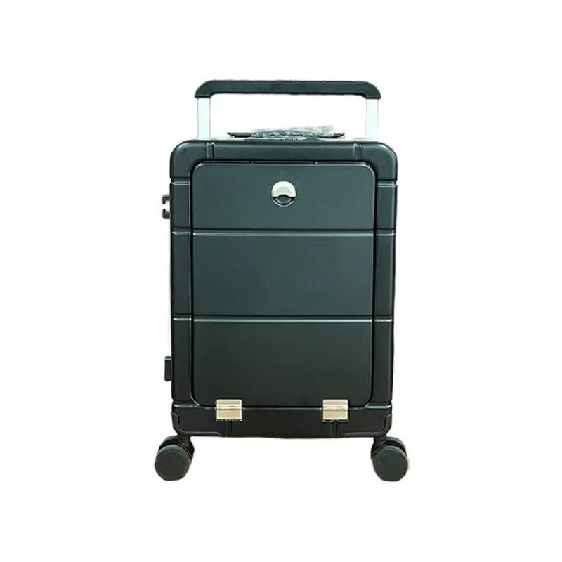 20-inch black cabin suitcase with a front-opening wet-dry compartment and four spinner wheels.