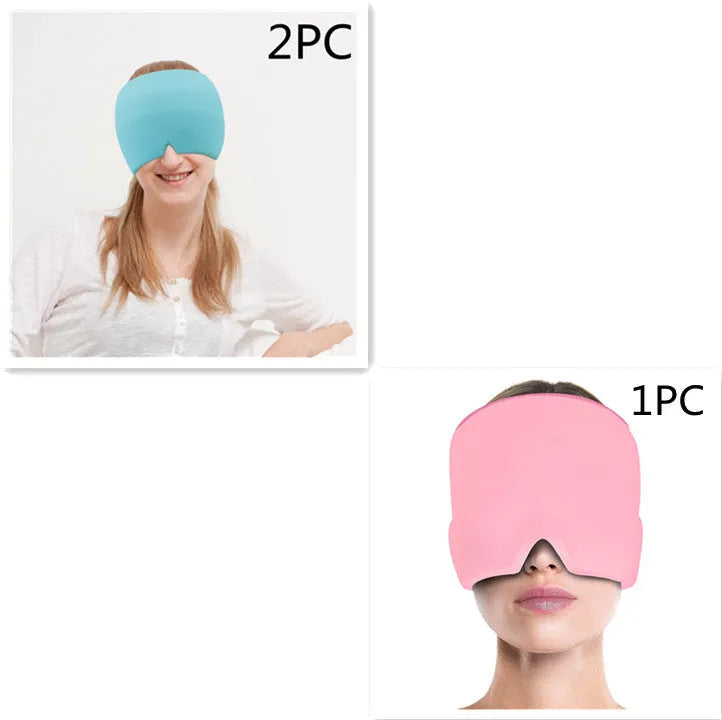 Black adjustable cold compress gel eye mask for headache relief on a plain background.