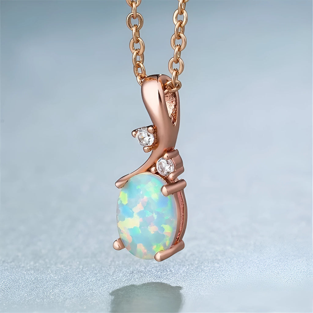 Water drop opal pendant necklace on adjustable O-chain in rose gold or white finish