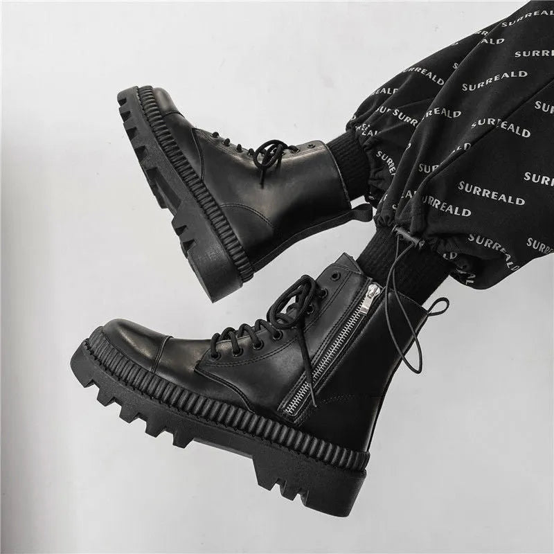Men's black high-top platform boots with a zip fastener and lace-up detail, made from frosted cowhide leather.