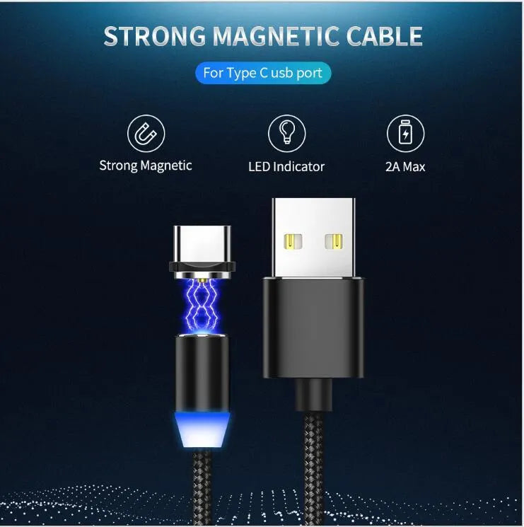 YBD black and red braided magnetic charging cable with Lightning, Micro USB, and Type-C connectors on a table.