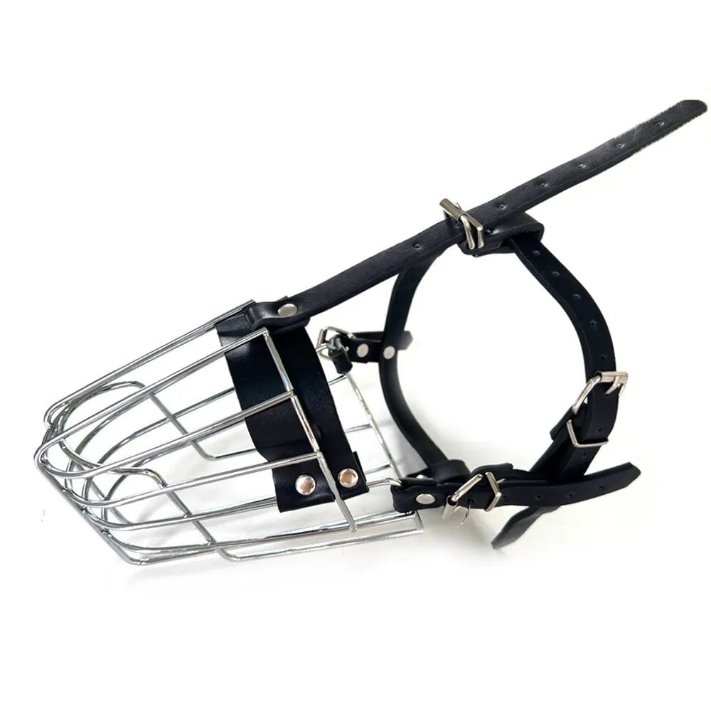 Black metal mesh basket dog muzzle for golden retriever or German shepherd with adjustable straps.