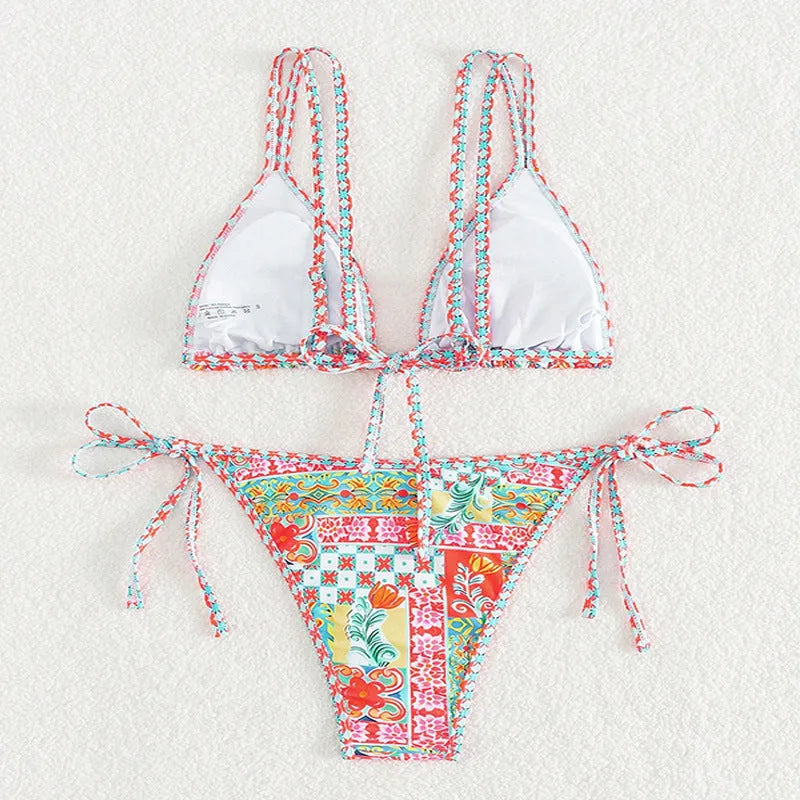 Women's lace-up front swimsuit bikini set with split leg and backless briefs