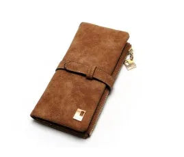 Vertical women's long wallet in retro matte Pu leather with zip closure showing interior card slots and phone pocket