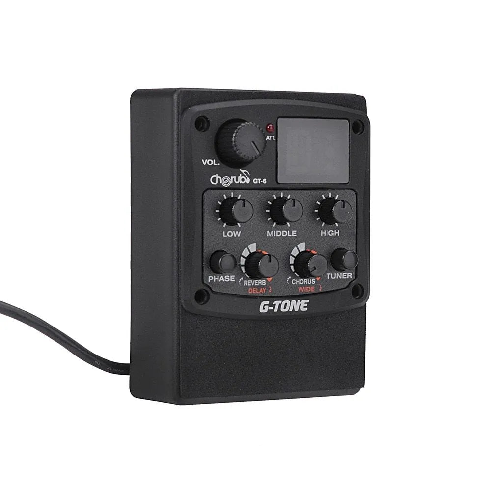 Black Cherub GT-6 acoustic guitar soundhole pickup unit with EQ and effects knobs.