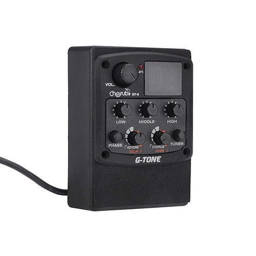 Black Cherub GT-6 acoustic guitar soundhole pickup unit with EQ and effects knobs.