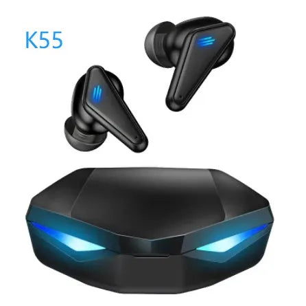 Blue Private Model K55 wireless Bluetooth gaming earbuds with charging case and battery display