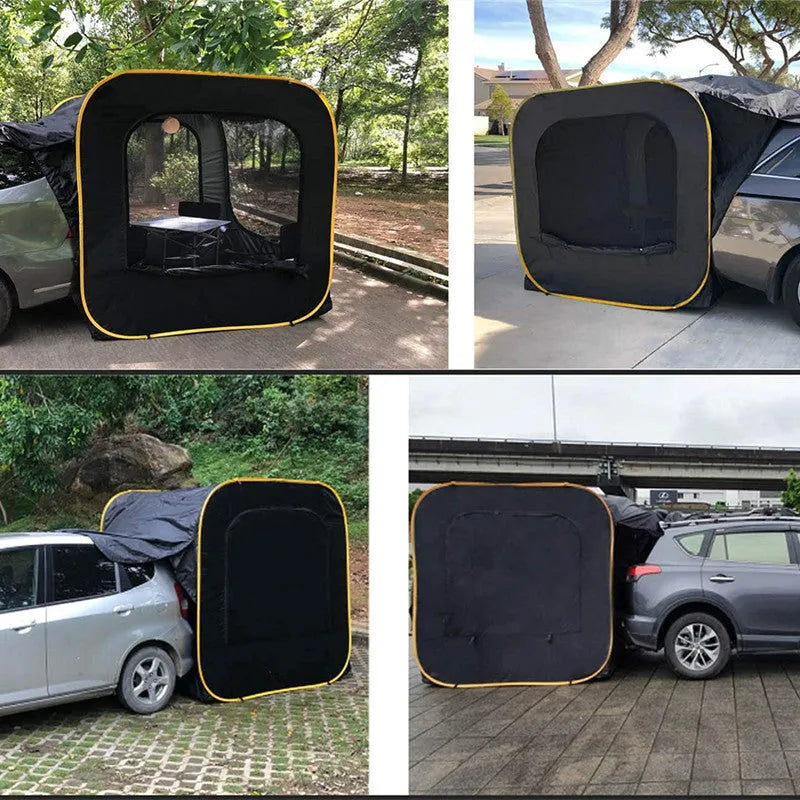 Black pop-up car tailgate tent unfolded, showing quick-throw design and cubic 200cm dimensions.