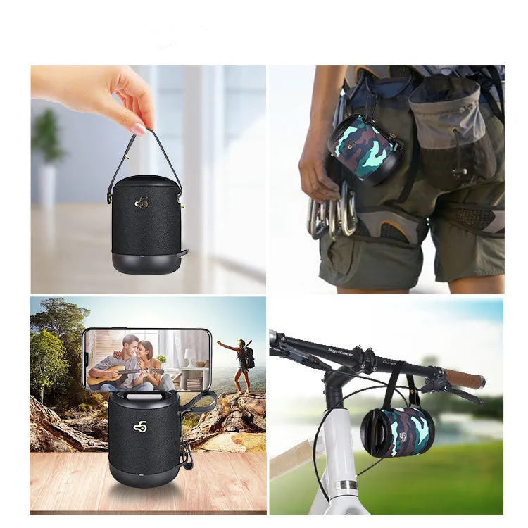 Waterproof portable Bluetooth speaker with subwoofer in compact 81x81x116mm metal chassis with carrying belt