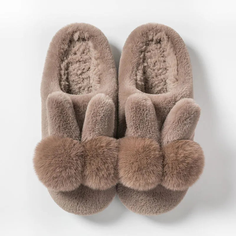 Women's rabbit fur winter slippers with high upper, floral pattern, and bunny-inspired fluffy design
