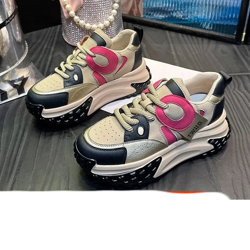 Leather sports casual shoes with thick wedge soles and front lace-up closure in multiple colour options