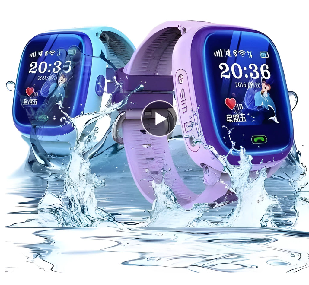 Blue children's waterproof smart watch with touch screen and silicone wristband showing emergency call function