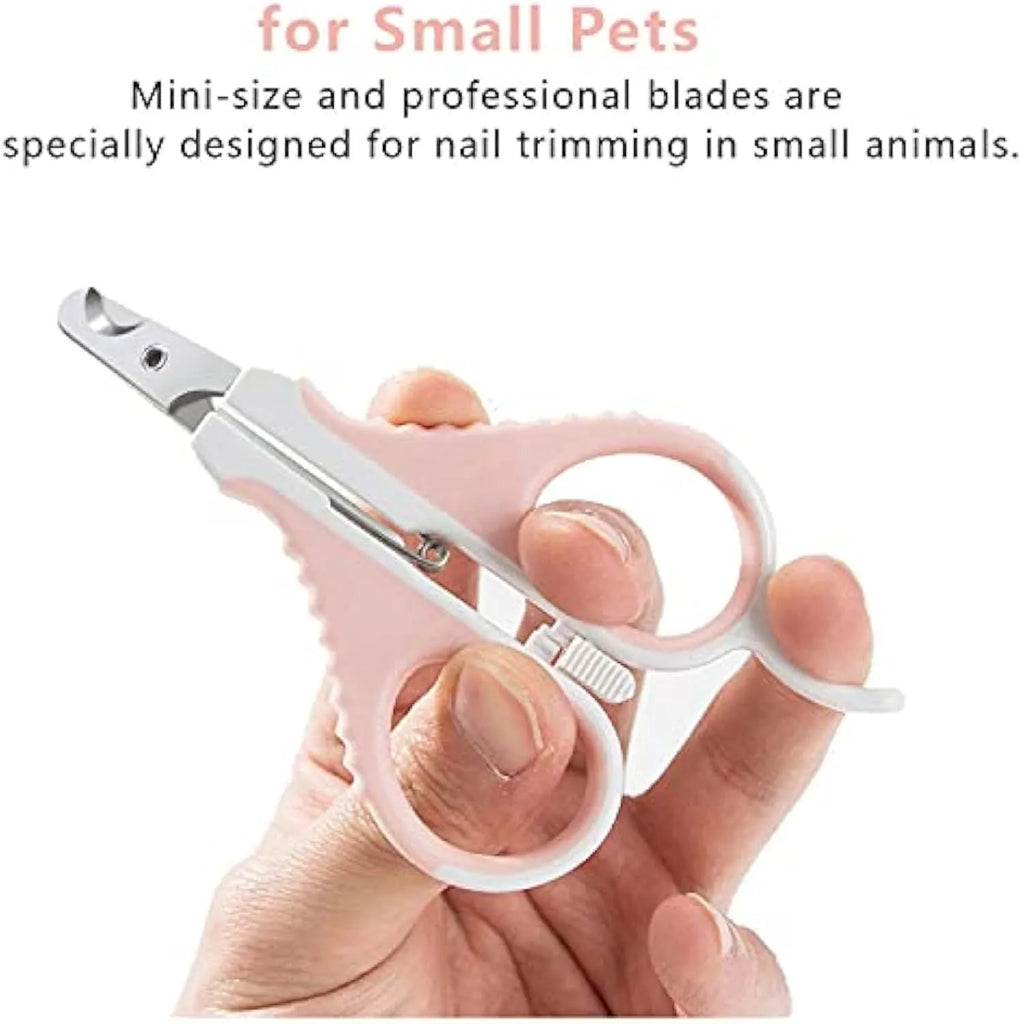 Grey and pink cat nail clippers with angled blade and safety lock for small pets