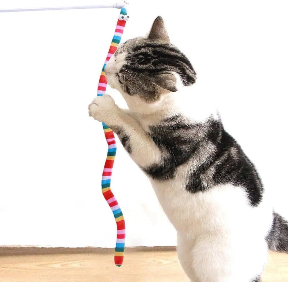 Cat wand toy with polycarbonate pole and long plush strip in vivid colours for interactive feline play