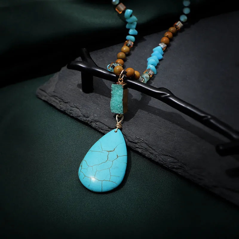 Turquoise water drop pendant fashion necklace with heart-shaped mixed gem inlay on ball bead chain