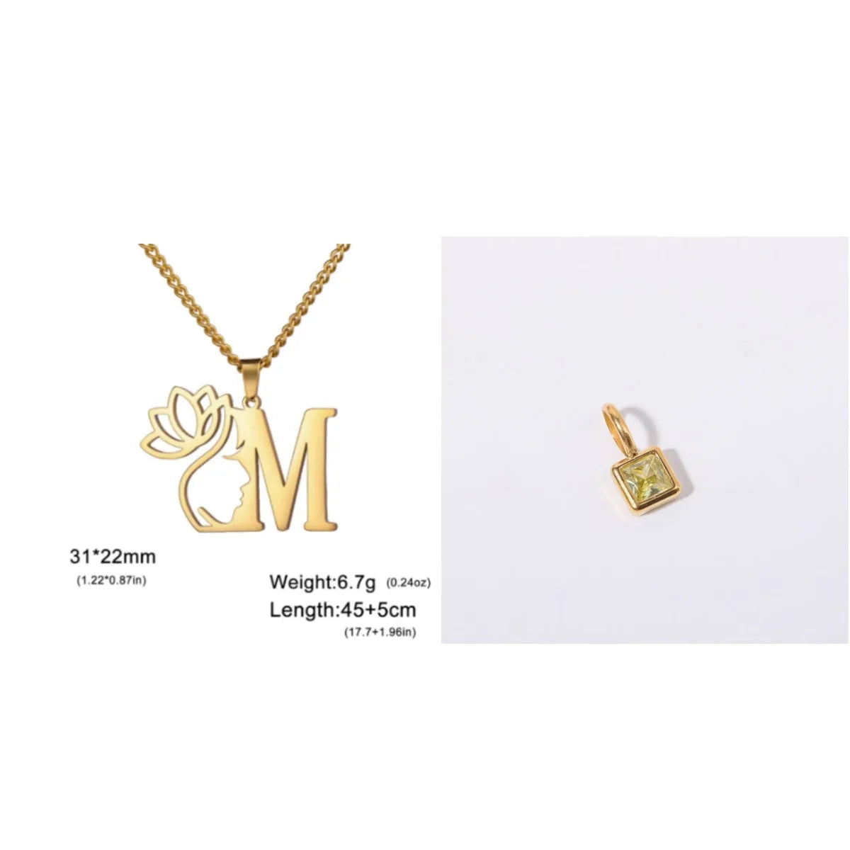 Stainless steel necklace with cross chain design and single letter pendant in gold or silver electroplated finish