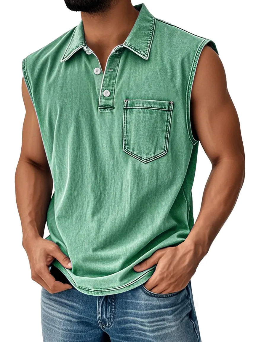 Man wearing 3D digitally printed loose fit polo shirt with button front and short sleeves