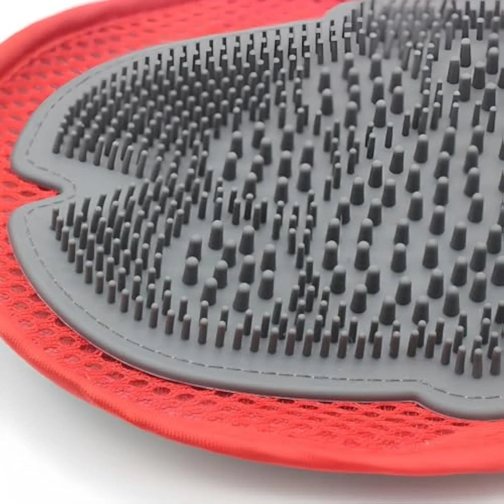 Red pet bathing glove with integrated brush design for dog and cat grooming during bath time