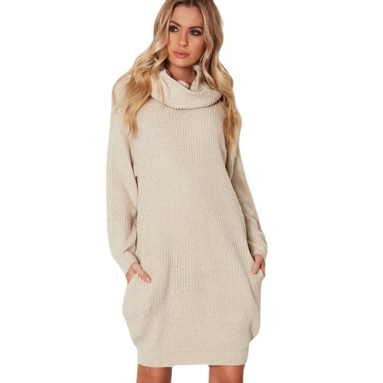 A mid-length apricot pullover sweater with a lapel neckline, loose fit, and side pockets on a hanger.