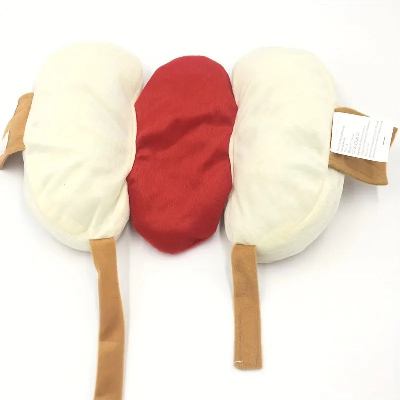 A small dog wearing a plush red and brown hot dog costume suit with mustard detailing.